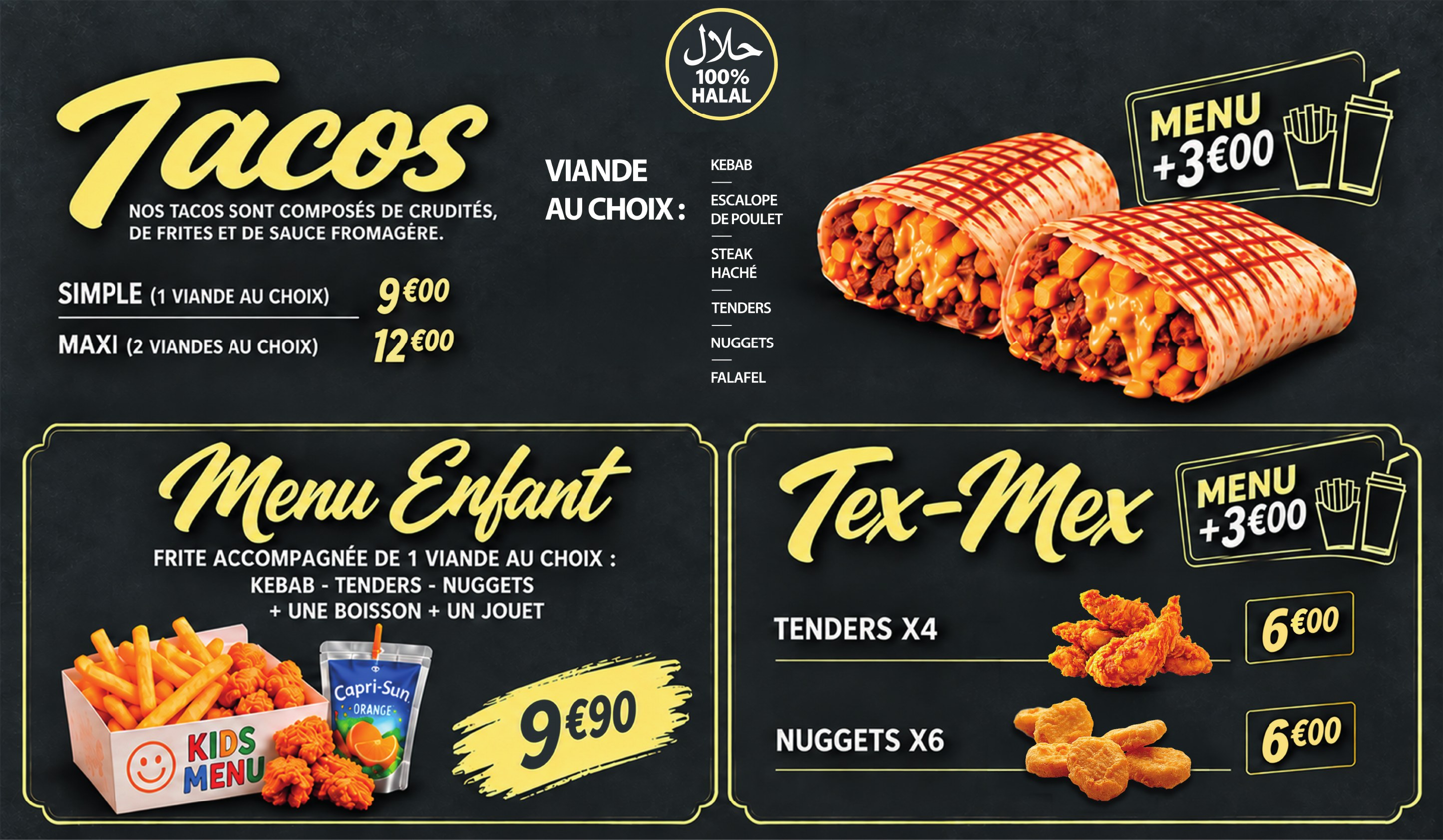 Menuboard 1 : Tacos, Menu Enfant, Tex-Mex
