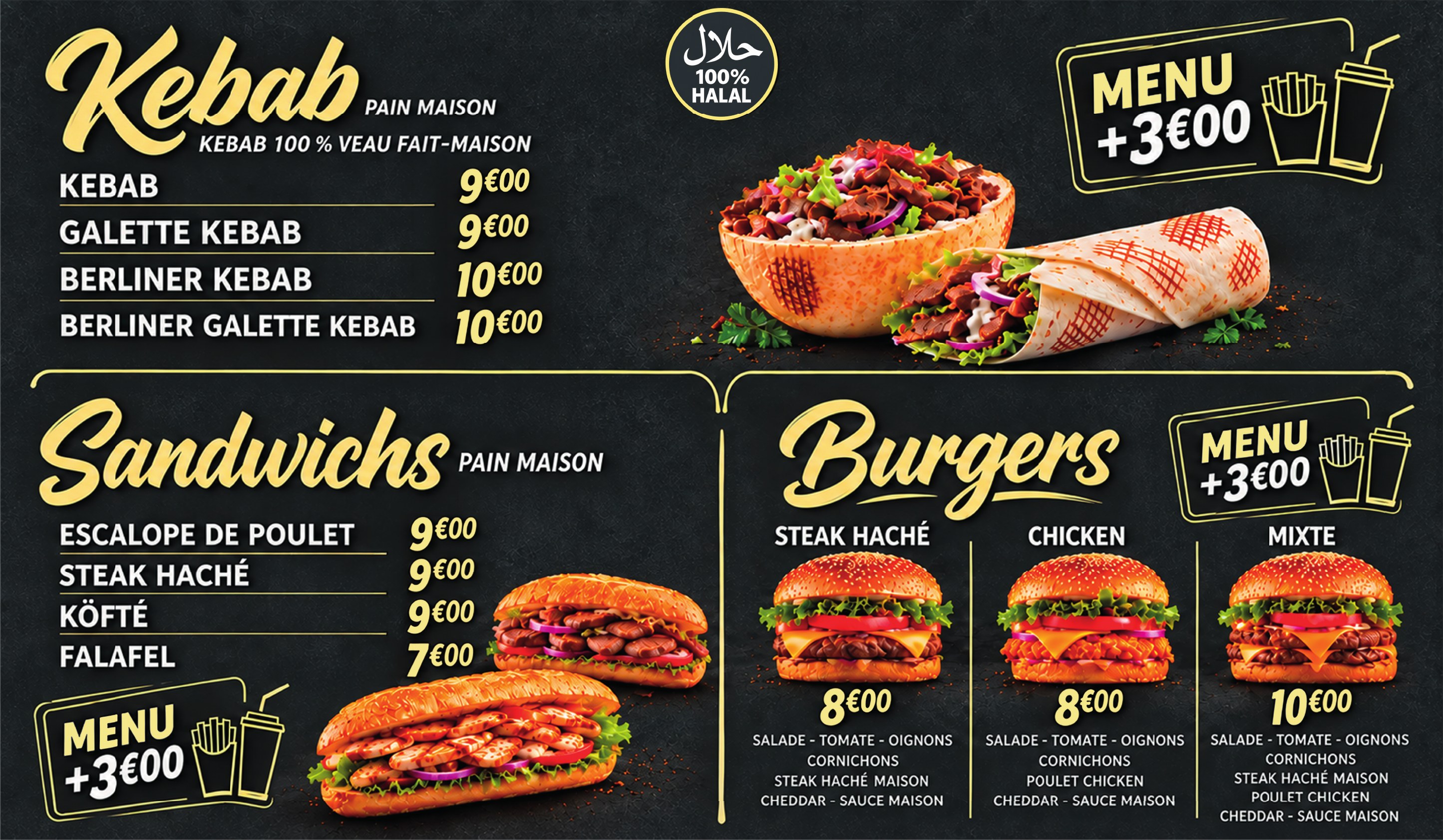Menuboard 2 : Kebab, Sandwichs, Burgers